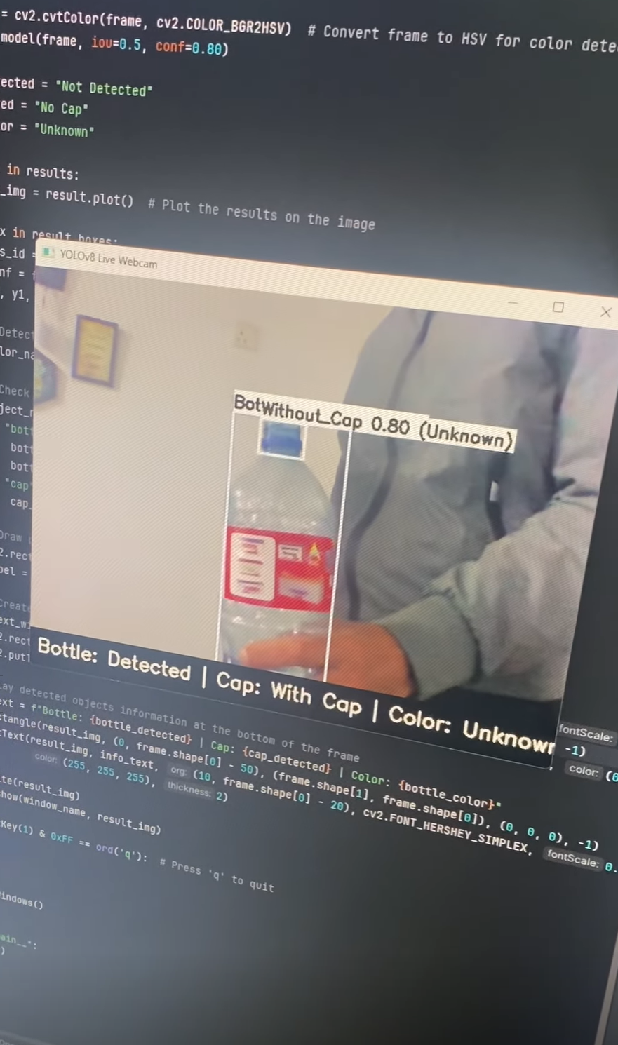 AI-Based Bottle, Cap & Color Detection System using YOLOv8 + OpenCV